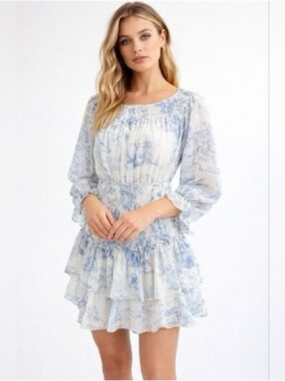 Blue Floral Tiered Mini Dress with Long Sleeves